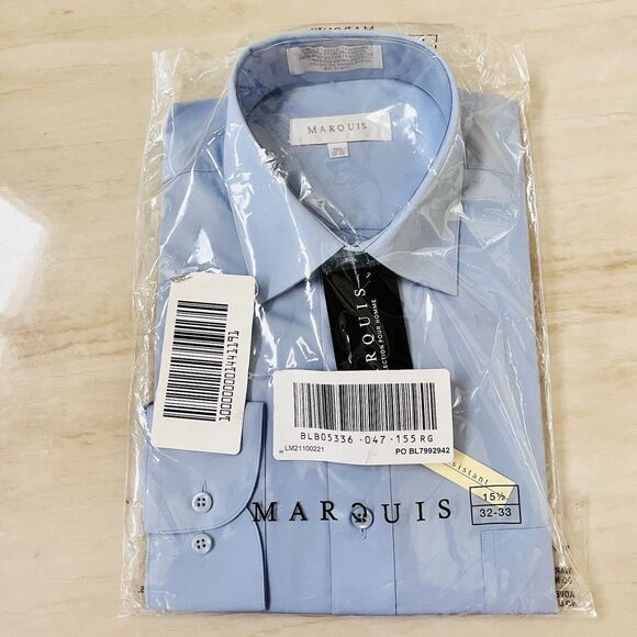 Marquis Wrinkle Resistant Dress Shirt 15 1/2 32-33 Light Blue Cotton Blend Reg - Picture 1 of 6
